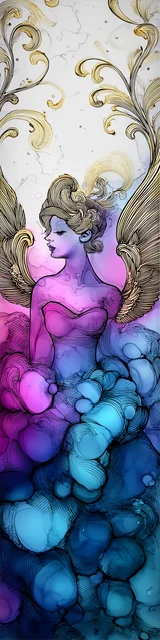 Free abstract angel art bookmark featuring a blue and pink fantasy abstract angel dress